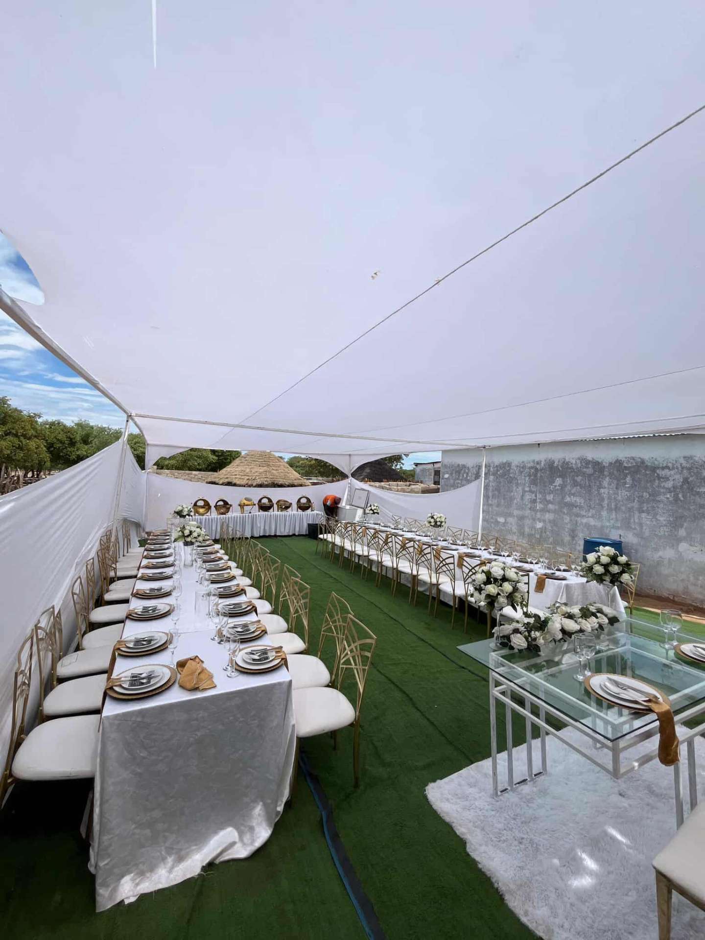 Wedding Announcement — White Marquee with Gold Chairs & Pottery