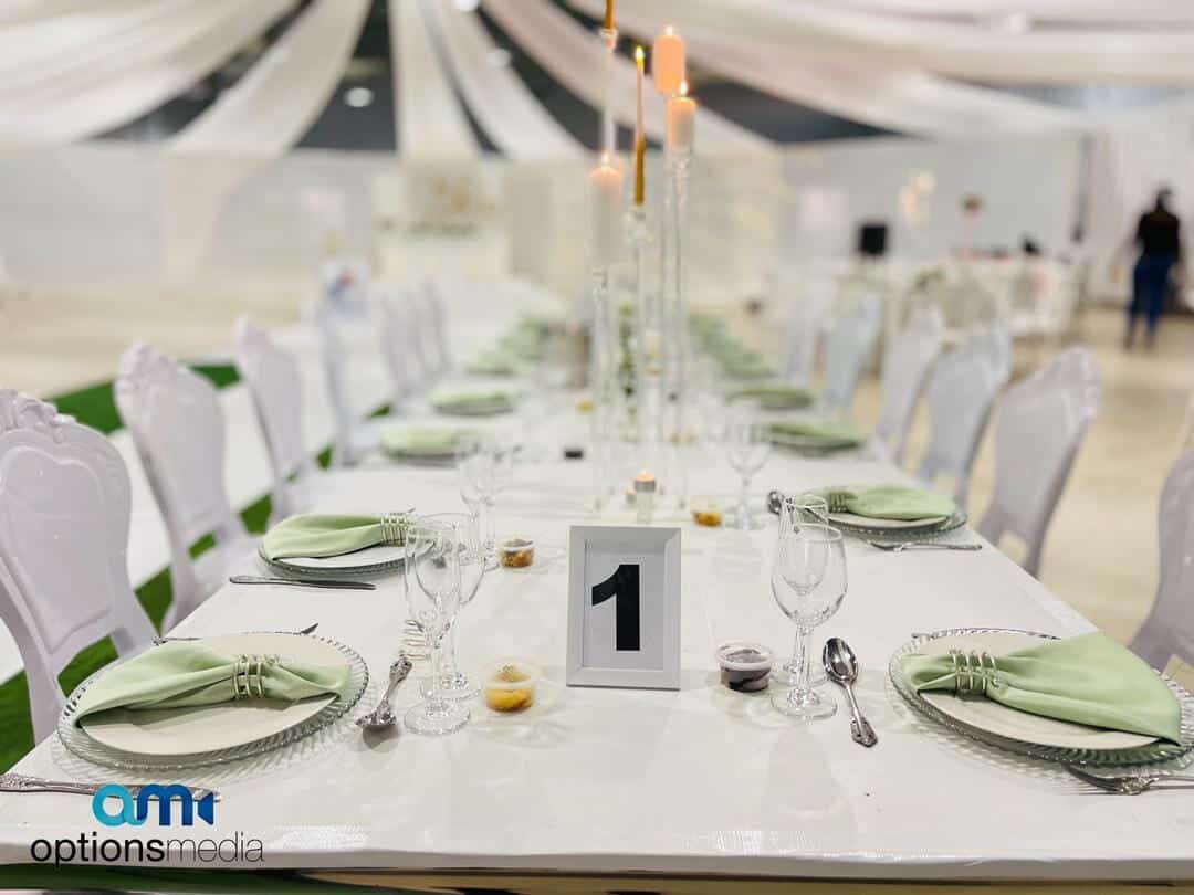 Weddings — Grand Hall with White Drapes & Sage Napkins