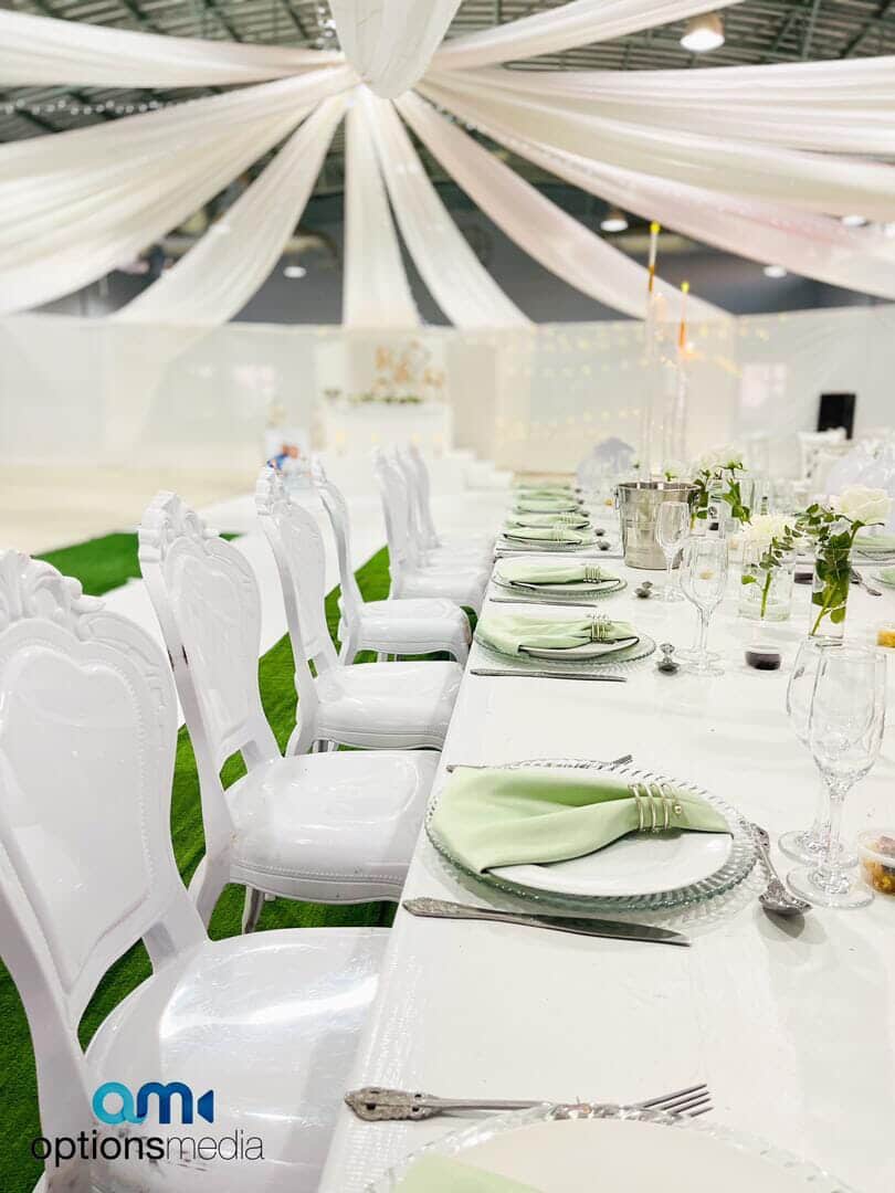 Weddings — Grand Hall with Drapes & Mint Napkins
