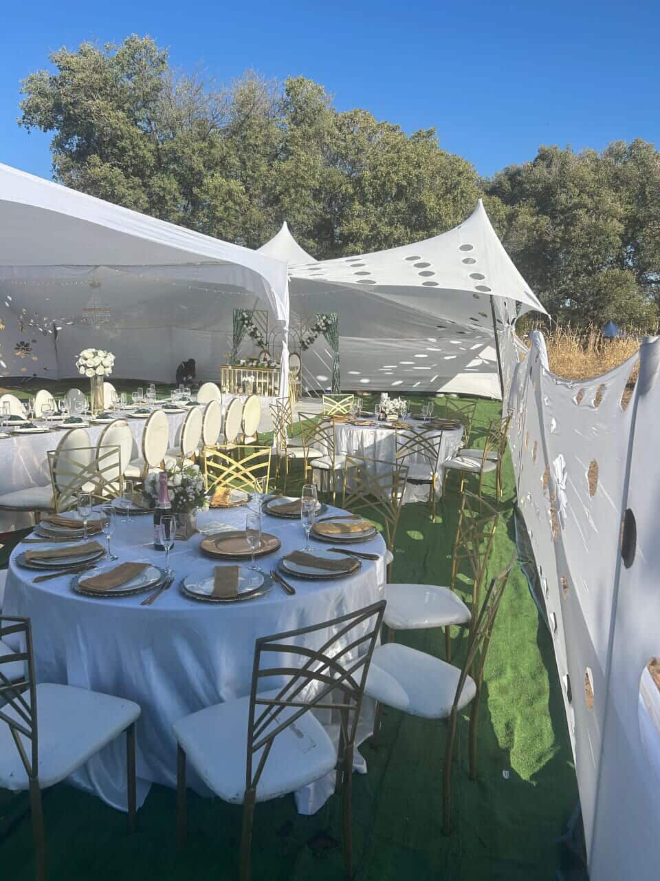 Cabana Wedding — Round Tables & Gold Chairs Outdoors
