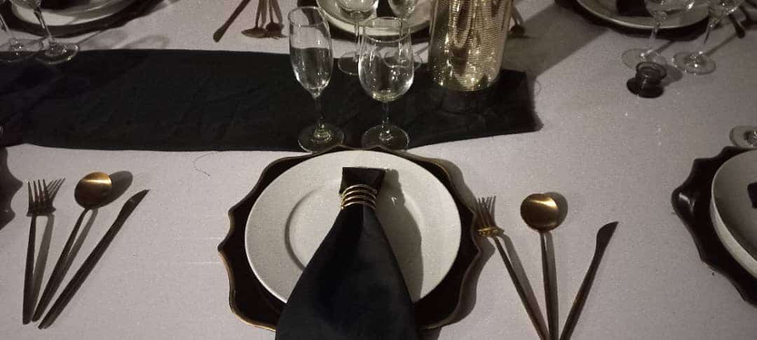 Farewell — Black Napkin & Gold Cutlery Setting