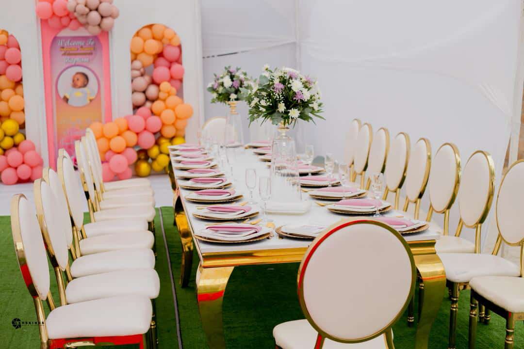 Baptism — Pink Balloons & Gold Tablescape